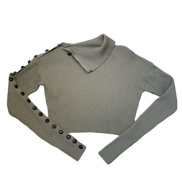 ASILIO CROPPED ASYMMETRICAL BUTTON LONG SLEEVE RIBBED SWEATER OLIVE GREEN 2 - Picture 2 of 9